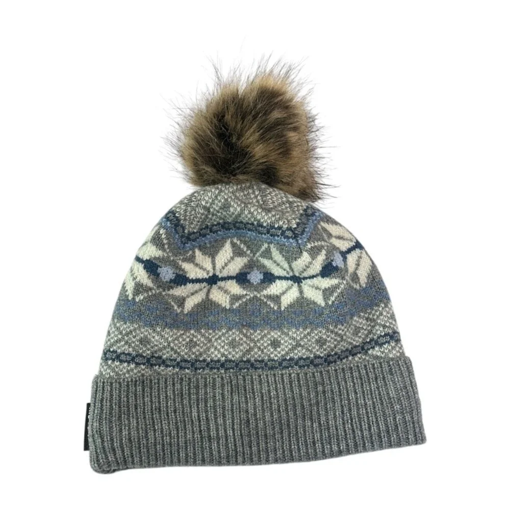 Muk Luks Fair Isle Pom Beanie Gray Blue Knit Winter Hat Faux Fur Pom One Size